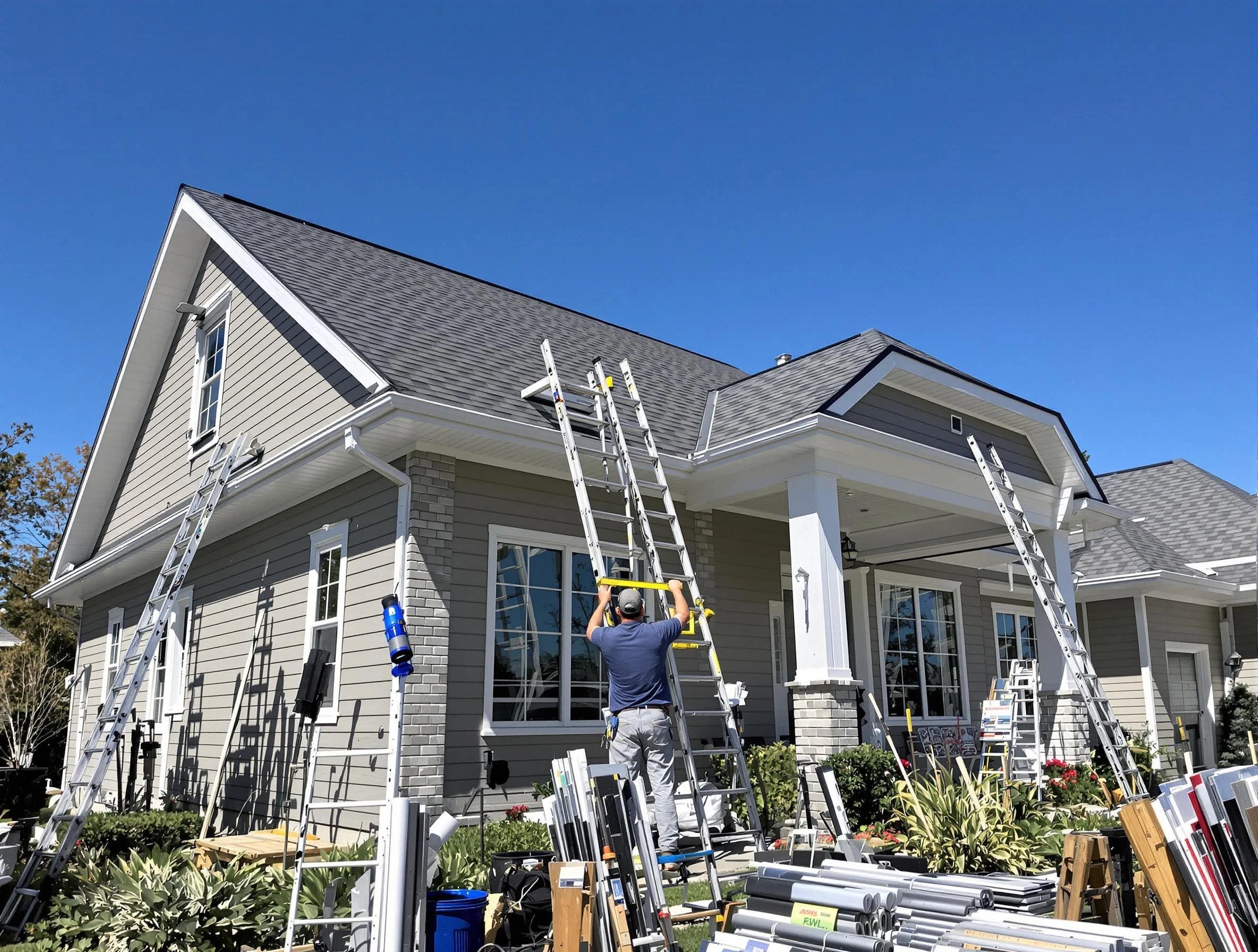 Avon Roofing Company fitting rain gutters at a home in Avon, OH