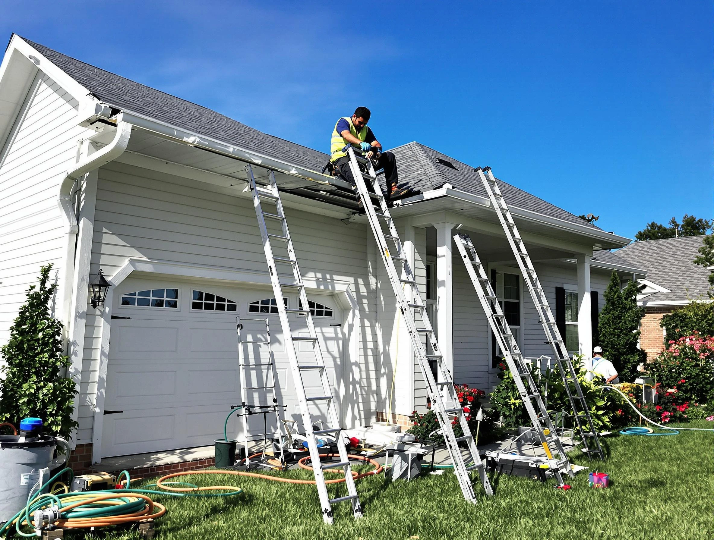 Removal of old gutters by Avon Roofing Company to install new system in Avon, OH